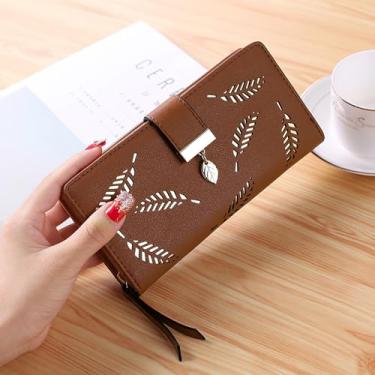 Imagem de Carteira feminina de couro dobrável de folha longa, porta-cartões, fivela com zíper, elegante, carteira clutch para mulheres, Café, Tendência
