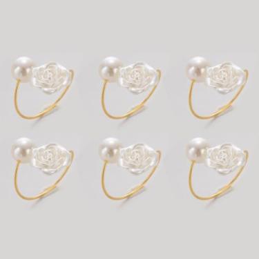 Imagem de Pacote com 6 anéis de guardanapo rosa e pérola, porta-guardanapos florais elegantes para recepção de casamento, chá de panela, decorações de mesa de festa de Natal