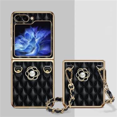 Imagem de Luxo cortex diamante treliça 3d camélia capa de corrente de couro portátil para samsung galaxy z flip3 5g z flip4 zflip5 capa, d, para z flip 3
