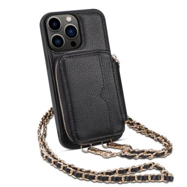 Imagem de Capa de telefone crossbody com zíper carteira para iPhone 15 Pro Max 14 Plus 13 Pro espelho metal corrente cordão porta cartão capa de couro, preta, para iPhone15pro