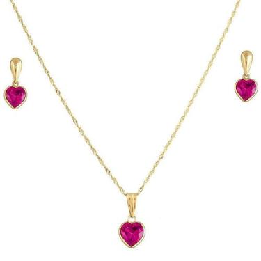 Imagem de Conjunto Coração Corrente Pingente e Brincos Vermelho Rubi Ouro 18k - 