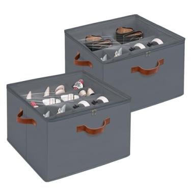 Imagem de Organizador de sapatos para armário, caixa de armazenamento de sapatos dobrável com tampa superior transparente, 3 alças de couro, divisórias ajustáveis, serve para 8 a 16 pares, caixa de sapatos