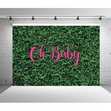 Imagem de Pano de fundo Oh Baby com folhas verdes para meninas, decoração de chá de bebê, 3 x 2,4 m, vegetação, natureza, primavera, safári, rústico, gramado, gravidez, festa, festa, bandeira, adereços para