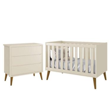 Imagem de Jogo De Quarto Infantil Theo Retrô Cômoda 3 Gavetas E Berço Areia Fosco Com Pés Amadeirado Reller Móveis Areia Fosco