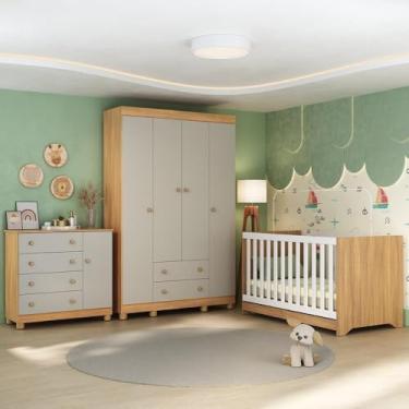 Imagem de Quarto de Bebê Completo com Berço Americano 3 em 1 Allegra Multimóveis Mp4582 Madeirado/off White