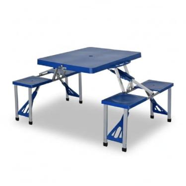 Imagem de Mesa Dobrável Portátil de Camping com 4 Bancos, Azul, Alumínio, 85x65cm, Compacta em Maleta, para Praia e Piquenique