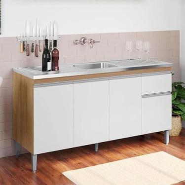 Imagem de Balcão Gabinete de Pia Tatiane 150cm Amêndoa/Branco S/Tampo 4 Portas 1 Gaveta