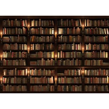 Imagem de SADFA Pano de fundo de estante de livros biblioteca misteriosa de 3,6 x 2,4 m com iluminação de velas, podcast, fundo para livraria, adereços de estúdio fotográfico