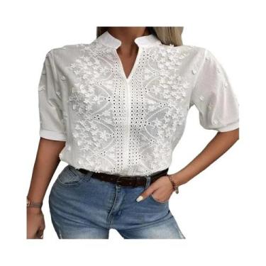 Imagem de Blusa Feminina Vintage Crochê - Algodão Branco, Manga Curta, Estilo El