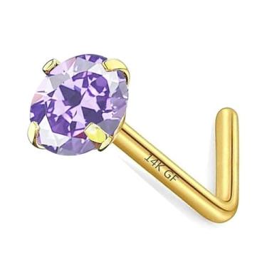 Imagem de CHARMONLINE Brincos de nariz preenchidos com ouro 14K, pedra do mês de nascimento em forma de L, anel de nariz de aço inoxidável 20G, 3 mm, zircônia cúbica, curva, L, piercing de nariz hipoalergênico
