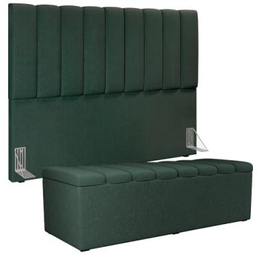 Imagem de Kit Cabeceira Cama Box Queen 160cm Com Calçadeira Baú Dália W01 Linho Verde Musgo - Lyam Decor
