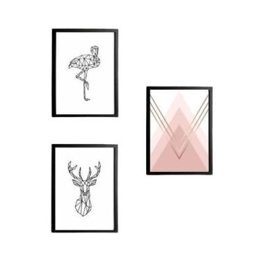 Imagem de Kit 3 Quadros Flamingo E Alce Geométrico 24X18 Vidro Branca - Quadros 