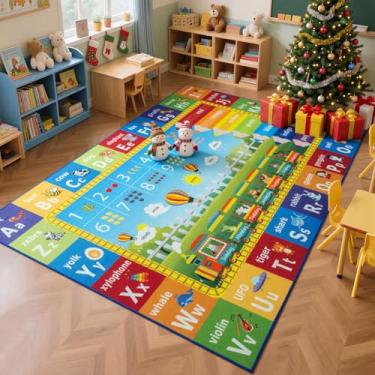 Imagem de Unirea 6x9 Kids Rug for Playroom Classroom Bedroom, Washable Educational Play Mat with ABC Alphabet, Numbers, Animals for Living Room, Nursery, Colorful Learning Carpet for Toddlers, Rainbow