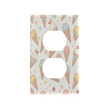 Imagem de Blueangle Placa de parede de tomada dupla com padrão de sorvete, tamanho padrão, placas de cobertura de tomada elétrica de 1 gangue para decoração de quarto de escritório em casa 4,53 x 2,76 polegadas