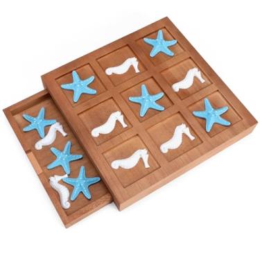 Imagem de Wooden Tic Tac Toe Game with Storage Box - 7 Resin White Seahorse and 7 Blue Starfish, Ultimate Family Travel Beach Game Age of 3-12