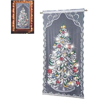 Imagem de ILLIYIN Cortina de árvore de Natal de renda branca LED iluminada operada por bateria para janela/painel de porta, decoração festiva - 122 x 213 cm
