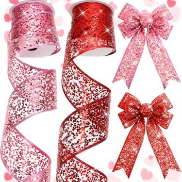 Imagem de Wesnoy 2 rolos de 6 cm x 10 metros de fita de malha de arame com glitter de Natal com lantejoulas metálicas brilhantes para artesanato, arcos de árvore de Natal, guirlanda de embrulho de presente