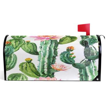 Imagem de TSENQUE Capas decorativas para caixa de correio magnética, envoltório de caixa de correio, vinil, verde, cacto, flores, colorido, moderno, caixa de correio, decoração de jardim, tamanho grande, 64,5 x