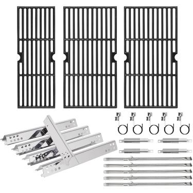 Imagem de Hiorucet Peças de grelha para queimador Charbroil Performance 5 463347518 463347519 463373319 463373019, grelhas de ferro fundido, placas de calor, queimadores de tubo cruzado para peças de grelha