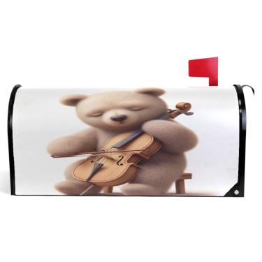 Imagem de TSENQUE Capas de caixa de correio magnéticas decorativas urso fofo violoncelo músico primavera caixa de correio envolve vinil caixa de correio moderna decoração de jardim tamanho grande 64,5 x 52,8 cm