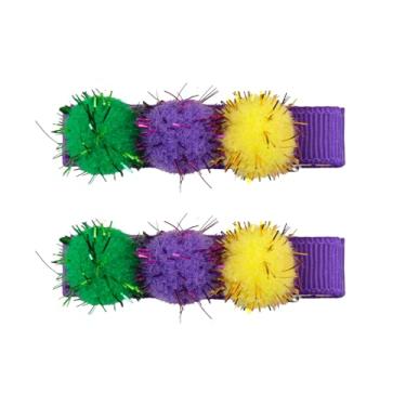 Imagem de YanJie 2 peças de clipes de cabelo carnaval para meninas com pompom felpudo acessórios de cabelo roxo glitter roupas de carnaval para mulheres clipe de pompom verde