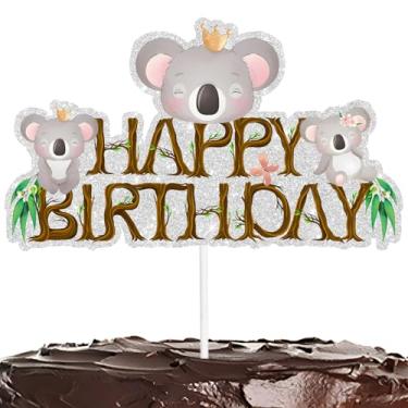 Imagem de Topo de bolo de feliz aniversário coala, decoração de animais da selva do zoológico, tema de urso coala para crianças, meninos, meninas, chá de bebê, decoração de festa suprimentos