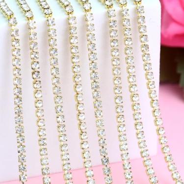 Imagem de Acabamento de corrente de strass de cristal de 2 mm para artesanato de costura, SS6 corrente de strass de garra para bricolage, joias, decoração de buquê de festa de casamento (5 metros, ouro)