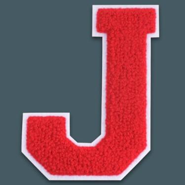 Imagem de QianSiLi Remendos de letras universitárias de chenille vermelho de 15 cm, letras grandes para jaquetas Letterman, moletons com capuz, mochilas, coletes, roupas, adesivos individuais da letra J