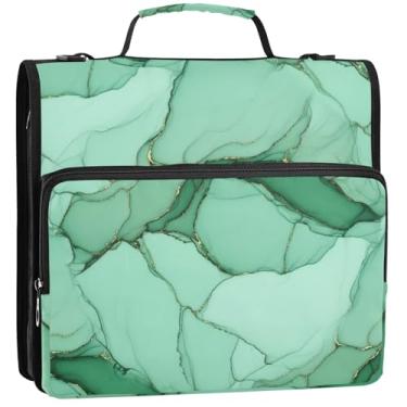 Imagem de Fichário de 3 anéis de mármore verde dourado menta 3 fichários com zíper com zíper bolsa escolar com alça de ombro pasta de armazenamento de documentos com alça, 34,5 x 31,5 x 9 cm
