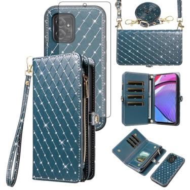 Imagem de Capa de celular para Motorola Moto G Power 5G 2023 com zíper carteira destacável com protetor de tela de vidro temperado alça transversal alça flip glitter porta-cartão slot GPower G5 feminino verde