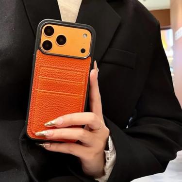 Imagem de HTVJFXCapa protetora tipo carteira em couro PU com estampa de lichia e dois compartimentos para cartões para iPhone 16e (Para iPhone 16e/Laranja)