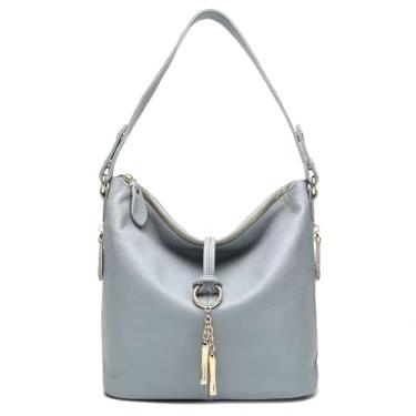 Imagem de Bolsa de ombro feminina de designer de moda com borla de metal bolsa tiracolo de couro real feminina, Linho azul