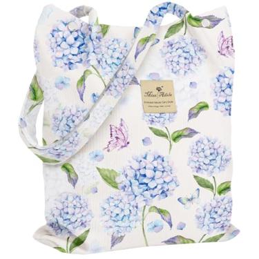 Imagem de Miss Adola Bolsa feminina de veludo cotelê - Sacolas reutilizáveis com fivela magnética e bolso design estético bolsas de supermercado, Hortênsia azul, One Size