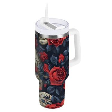 Imagem de SEHANY Copo de caveira e rosas de 1,18 l com alça, copo isolado de aço inoxidável a vácuo de parede dupla, à prova de vazamento, caneca de café isolada para viagem cabe no suporte de copo de carro
