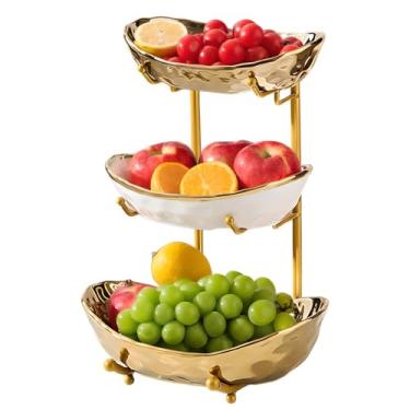 Imagem de YYW Tigela de frutas de 3 camadas para balcão de cozinha, suporte de frutas de cerâmica prata ouro branco para bancada, rack de frutas domésticas com suporte de metal, lanches de legumes, nozes