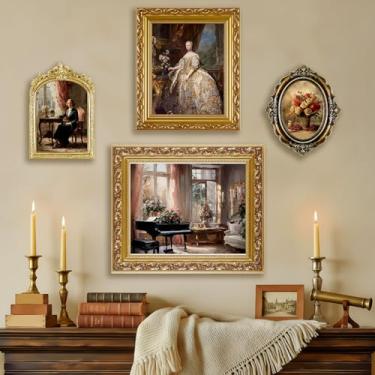 Imagem de Lineshading Conjunto de 4 porta-retratos vintage vitoriano ornamentado em ouro antigo, porta-fotos, tamanhos variados, retangulares, ovais e arqueados, para galeria, parede, mesa, decoração de casa