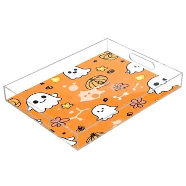 Imagem de xigua Bandeja de servir de acrílico fantasma de Halloween com alças à prova de derramamento, bandejas decorativas de festa de Halloween, bandeja organizadora de bancada para banheiro, cozinha, 30,5 x