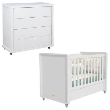 Imagem de Berço Americano e Cômoda Gaveteiro Infantil Tutto New Branco Acetinado