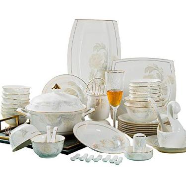 Imagem de Conjuntos de jantar conjunto de pratos domésticos conjunto de utensílios de mesa pratos de cerâmica Phnom Penh pratos simples (cor: branco Tamanho: 60 peças)