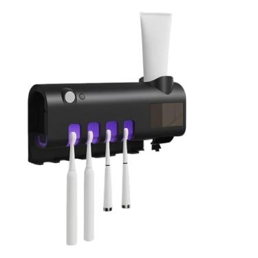 Imagem de Porta Escova de Dentes com Esterilizador UV e Dispenser de Pasta – Suporte para 4 Escovas Recarregável USB(COM UV PRETO KIT 2)