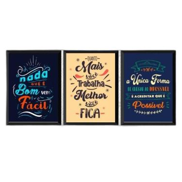Imagem de Kit 3 Quadros Frases Motivacional Trabalho 45X34 Vidro Preta