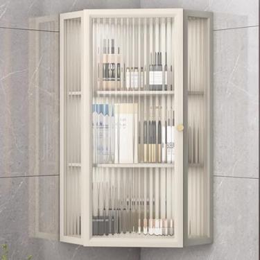 Imagem de Armários de banheiro montados na parede, armários de farmácia triangular com portas de vidro, armazenamento de exibição de 3 a 4 prateleiras para cozinha e banheiro, soluções de armazenamento de