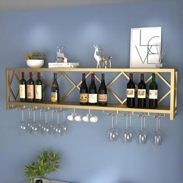 Imagem de Rack de vinho de metal dourado montado na parede, prateleira de bar flutuante com suporte de vidro, exibição multifuncional de garrafa de licor, armazenamento de vinho elegante para bar e cozinha (60