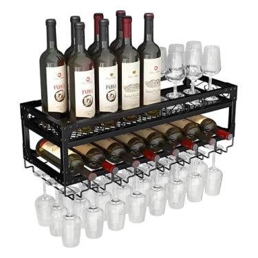 Imagem de Rack de vinho industrial de 2 camadas montado na parede - Prateleira de barra de metal multifuncional com suporte para copo de vinho, exibição de garrafa de licor flutuante para bar doméstico (60 x 30