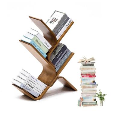 Imagem de Prateleira de livros de bambu para chão, estante de livros de árvore alta moderna, estante de canto pequena organizadora estreita para quarto, sala de estar, escritório em casa