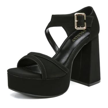 Imagem de WSKEISP Sandálias femininas de salto alto plataforma com bico quadrado na moda, preto, branco, rosa, prata, dourado, salto alto, tira no tornozelo, festa, vestido de casamento, Preto, 34