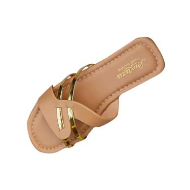 Imagem de Sandálias femininas de praia com fivela de metal, chinelos confortáveis para primavera, Caqui, 36