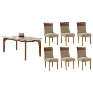 Imagem de Sala Jantar Mesa Londrina Tampo c/ Vidro Curvo 180cm+6 Cadeiras Jaspe 