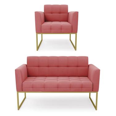 Imagem de Kit 1 Sofá Namoradeira E 1 Poltrona Elisa Suede Base Metálica Industrial Dourado - D\'rossi Cor Rose