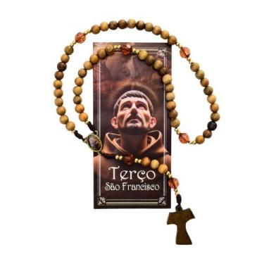 Imagem de Terço de São Francisco Tau contas madeira e acrilico com folheto ARL40